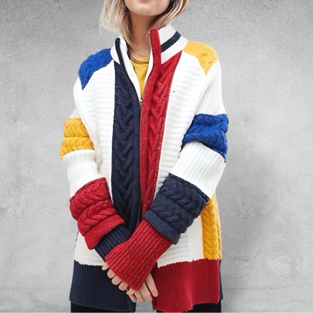 Tommy‎ Hilfiger Sweater Y2K 90s urban chunky knit Red Blue blokecore oversized S